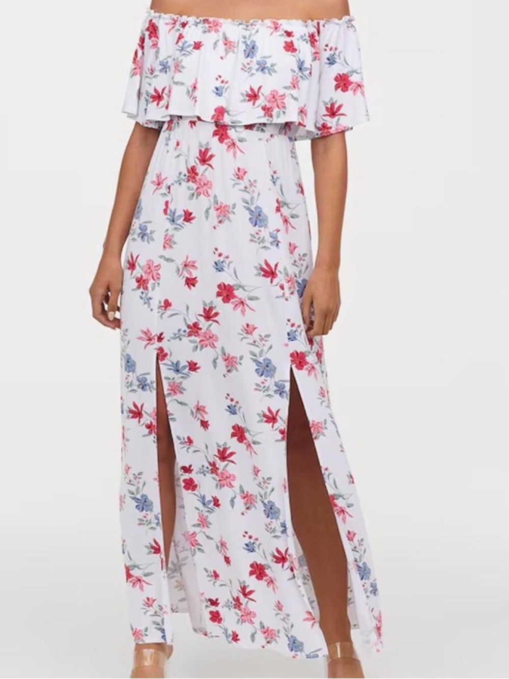 H&M White Off -the- Shoulder Floral Maxi Dress with Pink & Blue Flowers